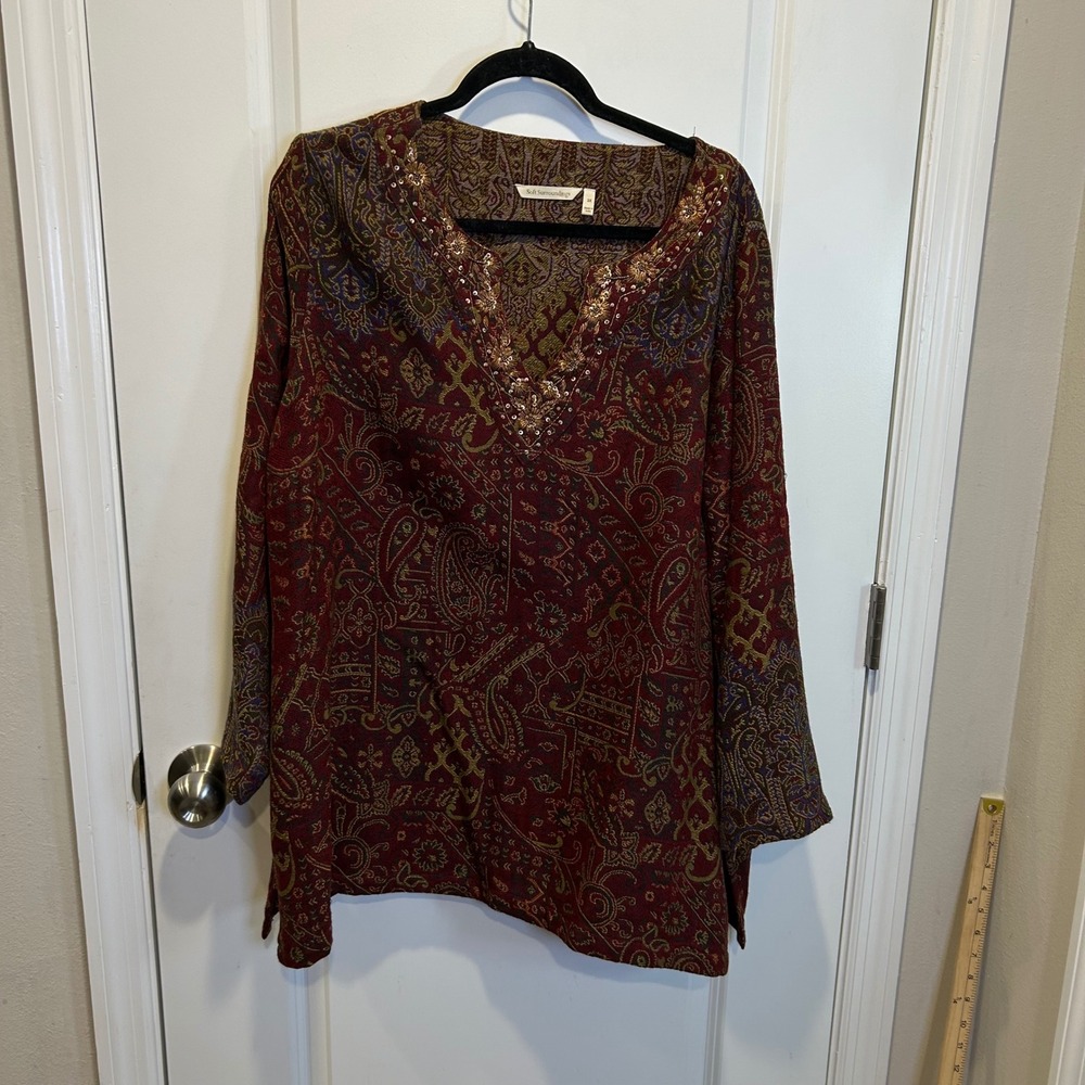 Soft Surroundings Womens Tunic Paisley Sequin Embellished V-Neck Red 2X